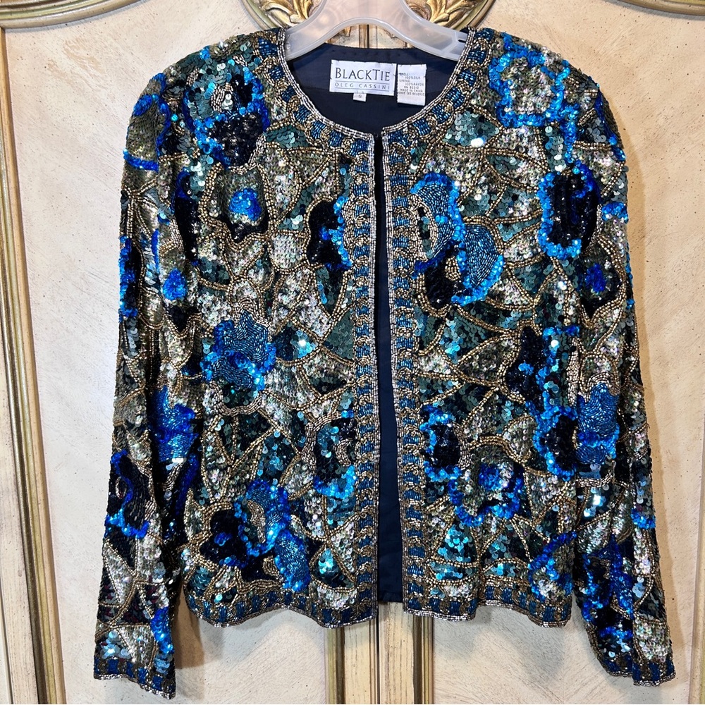 Vintage Oleg Cassini Blacktie Stunning Blue Black Gold Sequin Beaded Silk Jacket